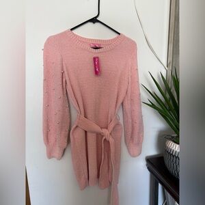 Say What? Pink Long Sleeve Dress with Pearl Details